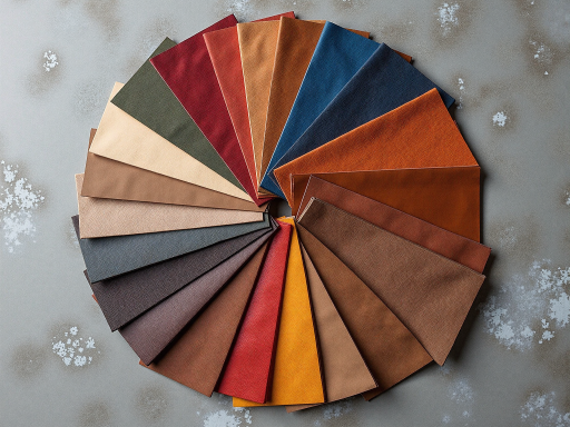 多种颜色的棉质布料样品整齐摆放，展示不同纹理和质感，背景为白色桌面，光线柔和均匀